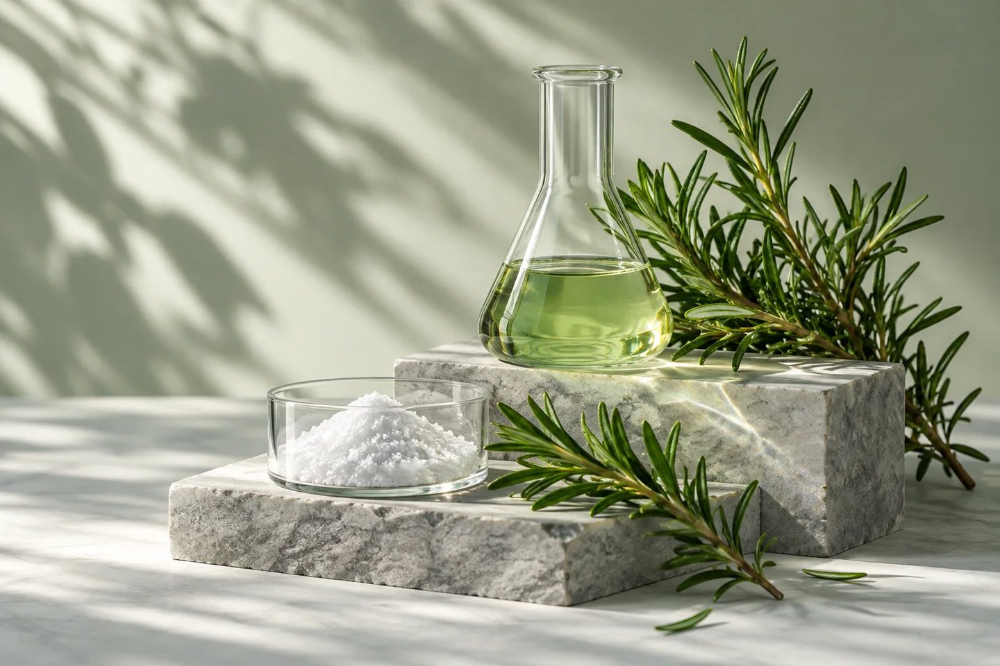Conceptual still life of rosemary, glassware and ingredient powder